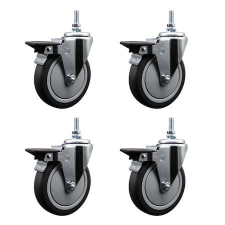 Service Caster 6 Inch Thermoplastic Rubber 38 Inch Threaded Stem Caster Set with Brake SCC-TS20S614-TPRB-PLB-381615-4